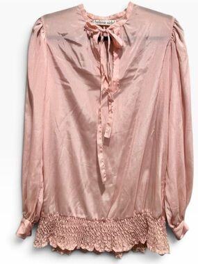 Vintage Pink Tie Neck Secretary Blouse Smocked Ruffle Hem Size 8